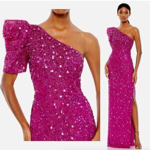 MAC DUGGAL 10912 EMBELLISHED PUFF ONE SHOULDER COLUMN HOT PINK GOWN sz 10